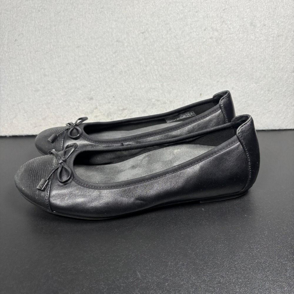 Vionic Minna Black Leather Ballet Flats Women's Size 8.5 Medium Cap Toe Bow